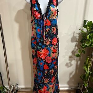 Vibrant Floral Maxi Dress with Black Lace